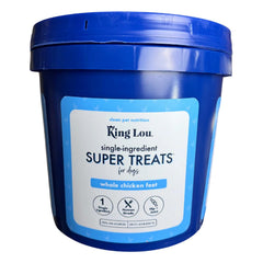 King Lou Chicken Treats bulk-container image showing whole feet for a protein-rich chew