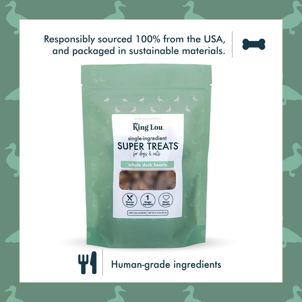King Lou Pets freeze-dried duck heart bites close-up show a chewy texture for rewards.