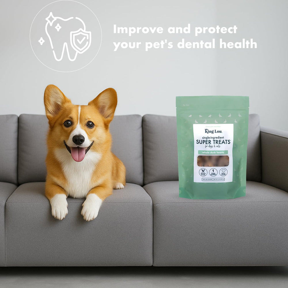 King Lou Pets freeze-dried duck hearts in bowl inviting daily training snacks.
