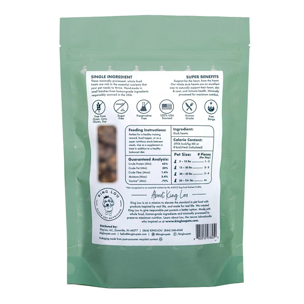 King Lou Pets USA-made small-batch production highlights premium hand-crafted duck heart treats.