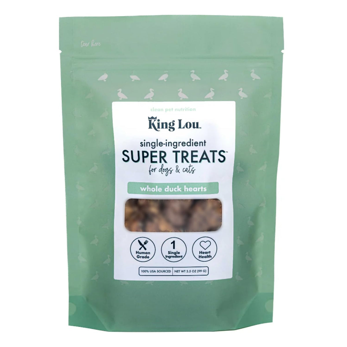 King Lou Pets packaging shows USA-made single-ingredient duck hearts for dogs and cats.