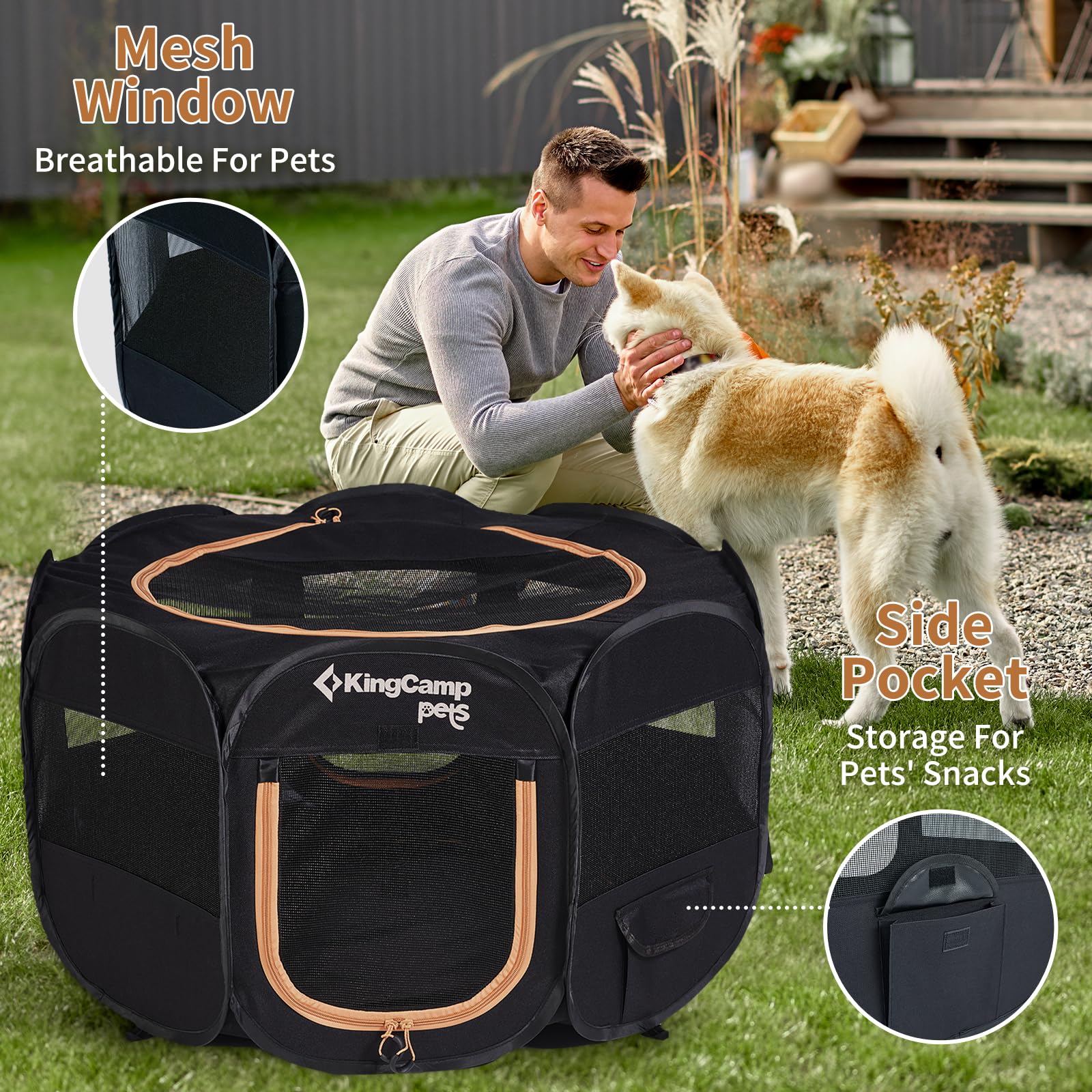 KingCamp Dog Playpen side pockets for leashes, toys, and treats within reach.