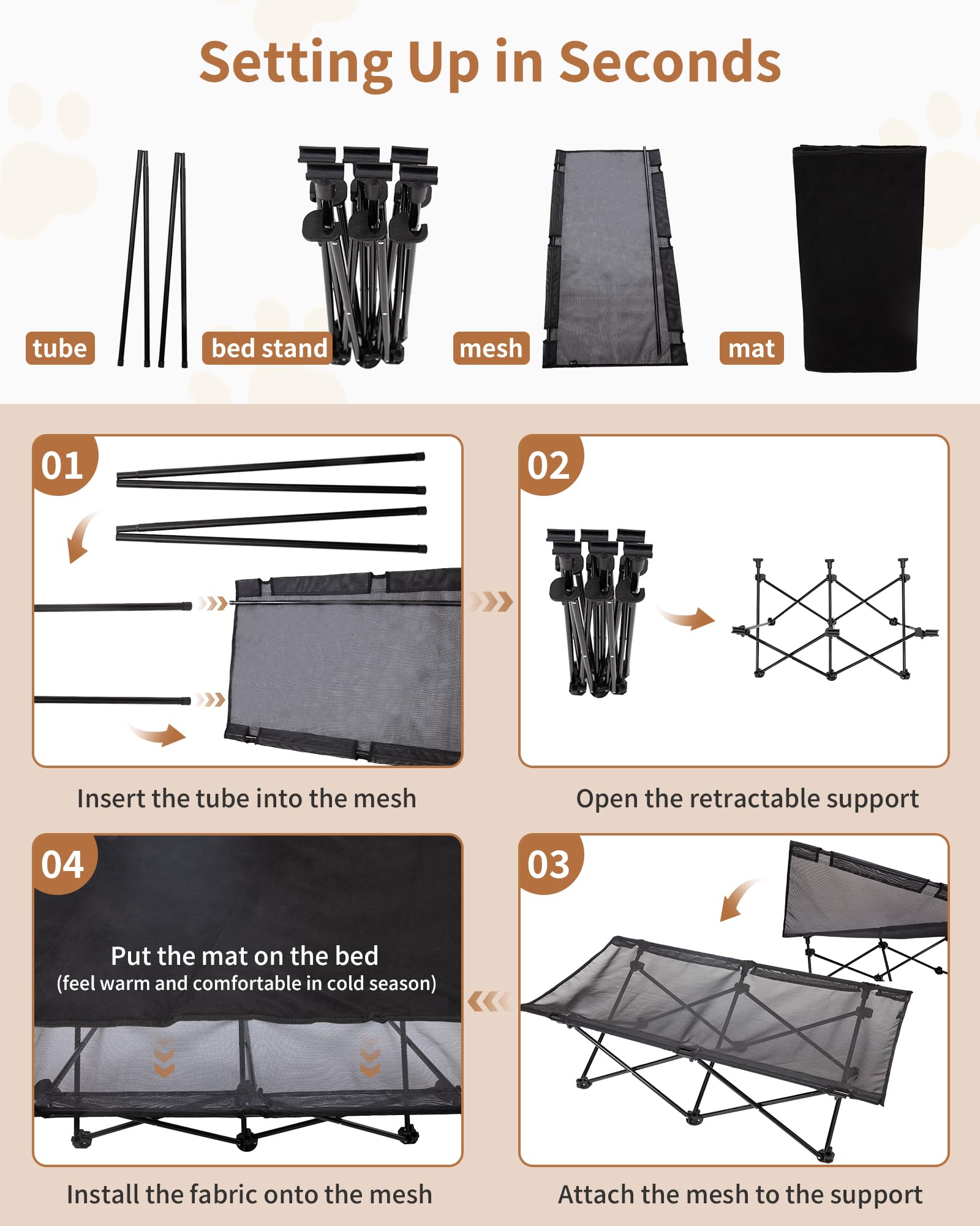 KingCamp elevated dog bed anti-slip feet keep it steady on various surfaces