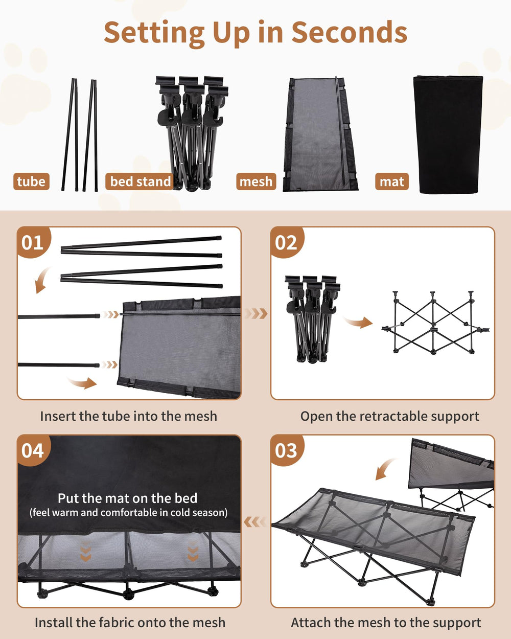 KingCamp elevated dog bed anti-slip feet keep it steady on various surfaces