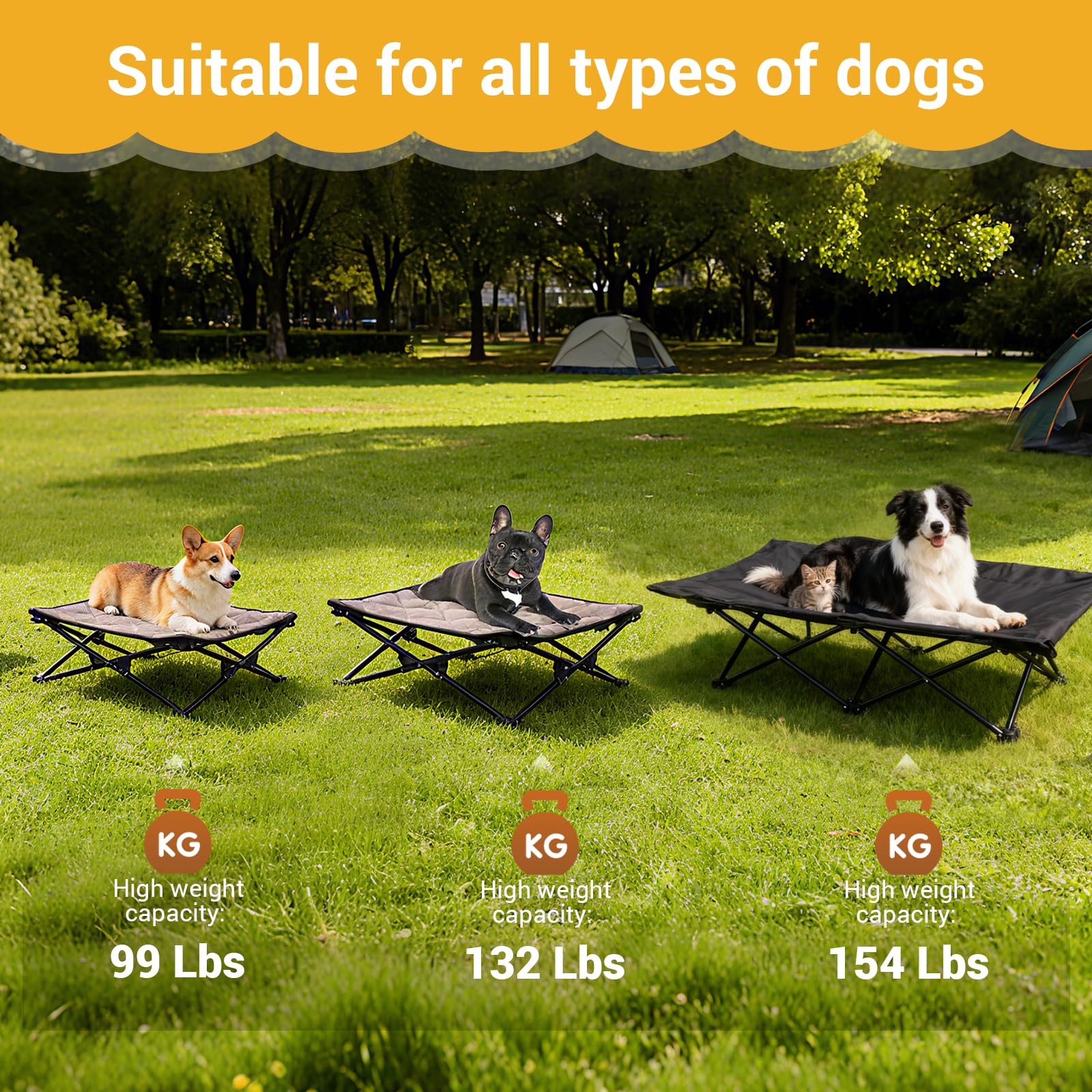 KingCamp elevated dog bed backyard setup shows elevated airflow and bug-free lounging