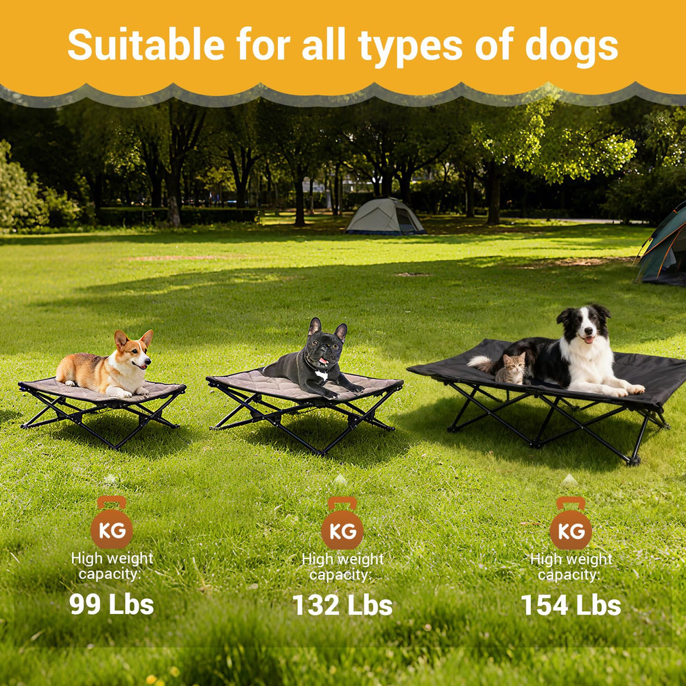 KingCamp elevated dog bed backyard setup shows elevated airflow and bug-free lounging