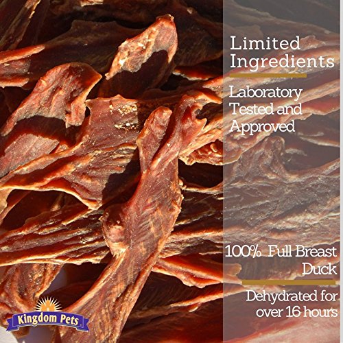 Kingdom Pets Duck Jerky ingredient list emphasizes 3 ingredients and no fillers.