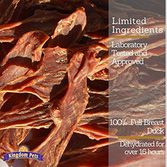 Kingdom Pets Duck Jerky ingredient list emphasizes 3 ingredients and no fillers.