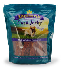 Kingdom Pets Duck Jerky packaging highlights 3-ingredient, filler-free dog treats.