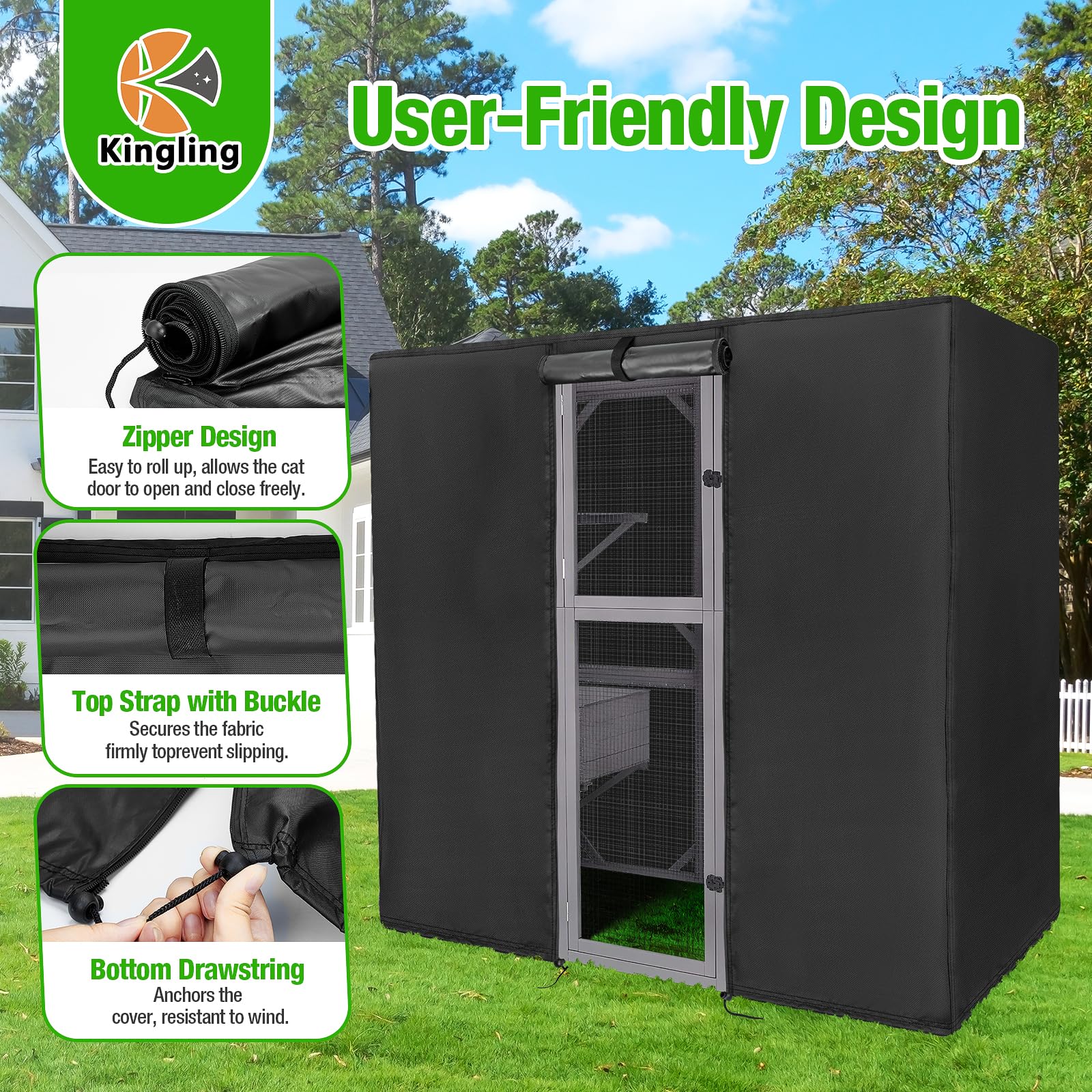 Kingling catio cover dimensions 77 by 36 by 70 inches fit similar outdoor cat houses.