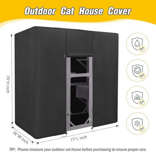Kingling outdoor cat house cover front view demonstrates easy-access roll-up with two zippers.