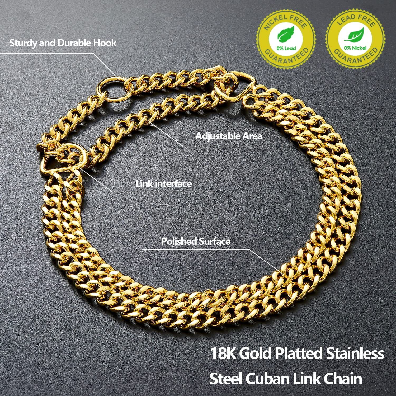 KINGOLDOGS Cuban-link dog collar stainless-gold finish for stylish, durable wear.
