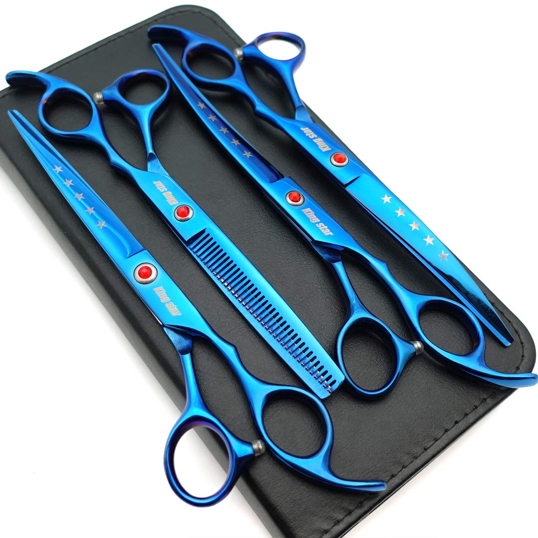 KINGSTAR 7in titanium blue scissors set package—precision-ready for professional dog grooming.