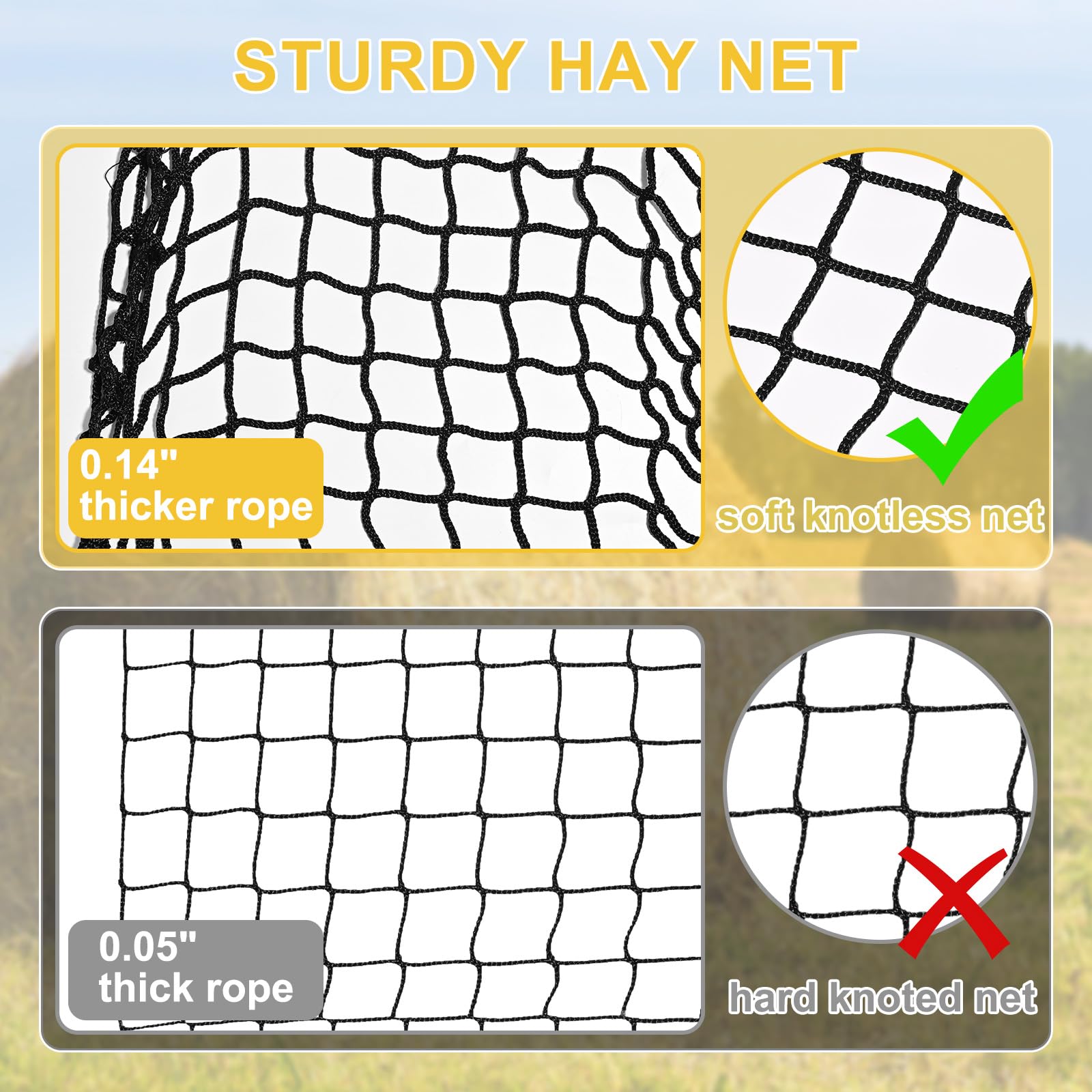 Kingump hay net in use with horses and goats during slow grazing.