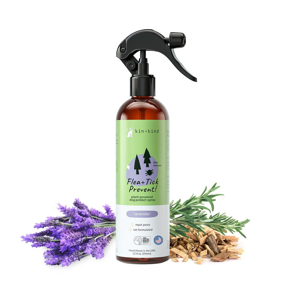 KinKind flea-tick spray bottle with lavender scent for dogs for outdoor protection.