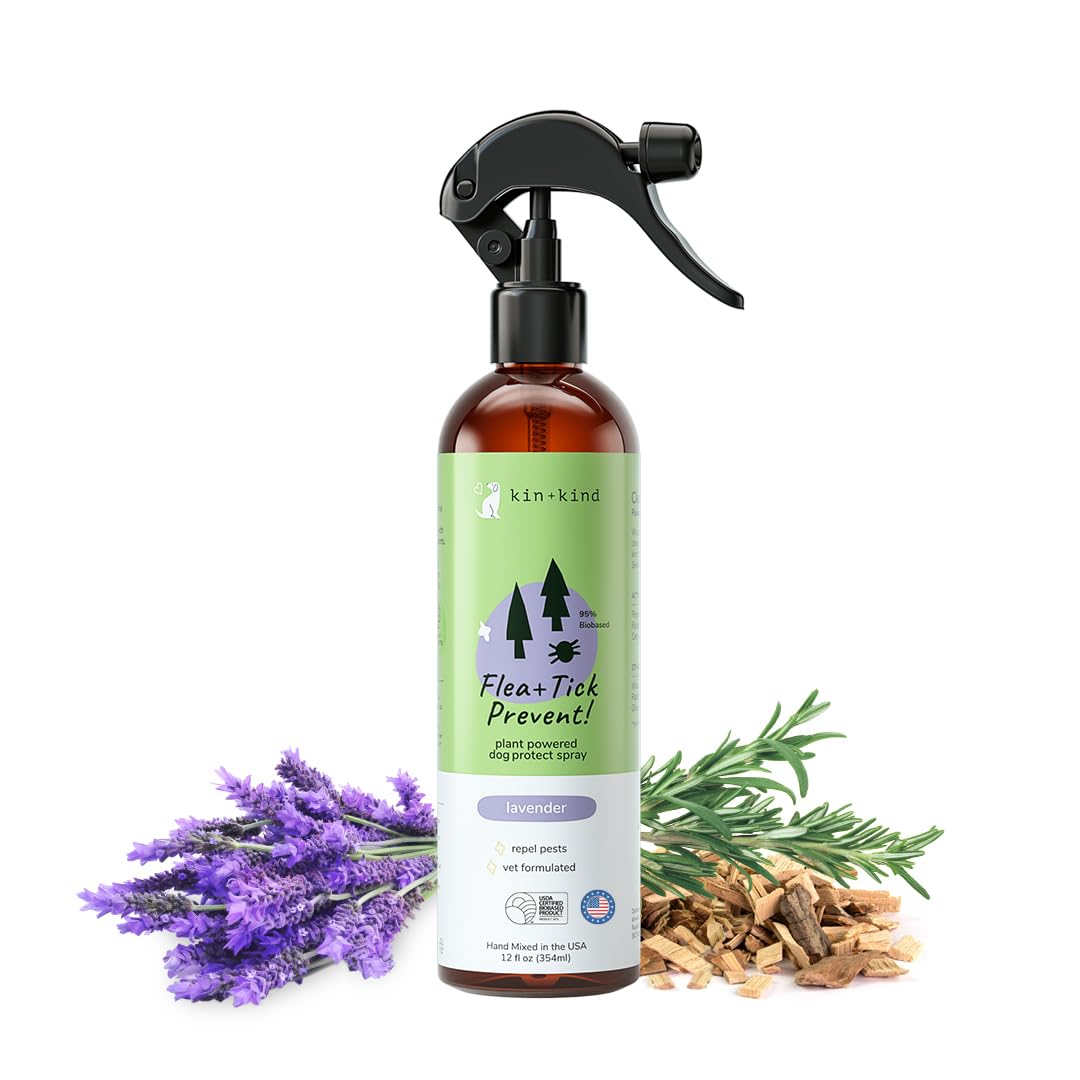 KinKind flea-tick spray bottle with lavender scent for dogs for outdoor protection.