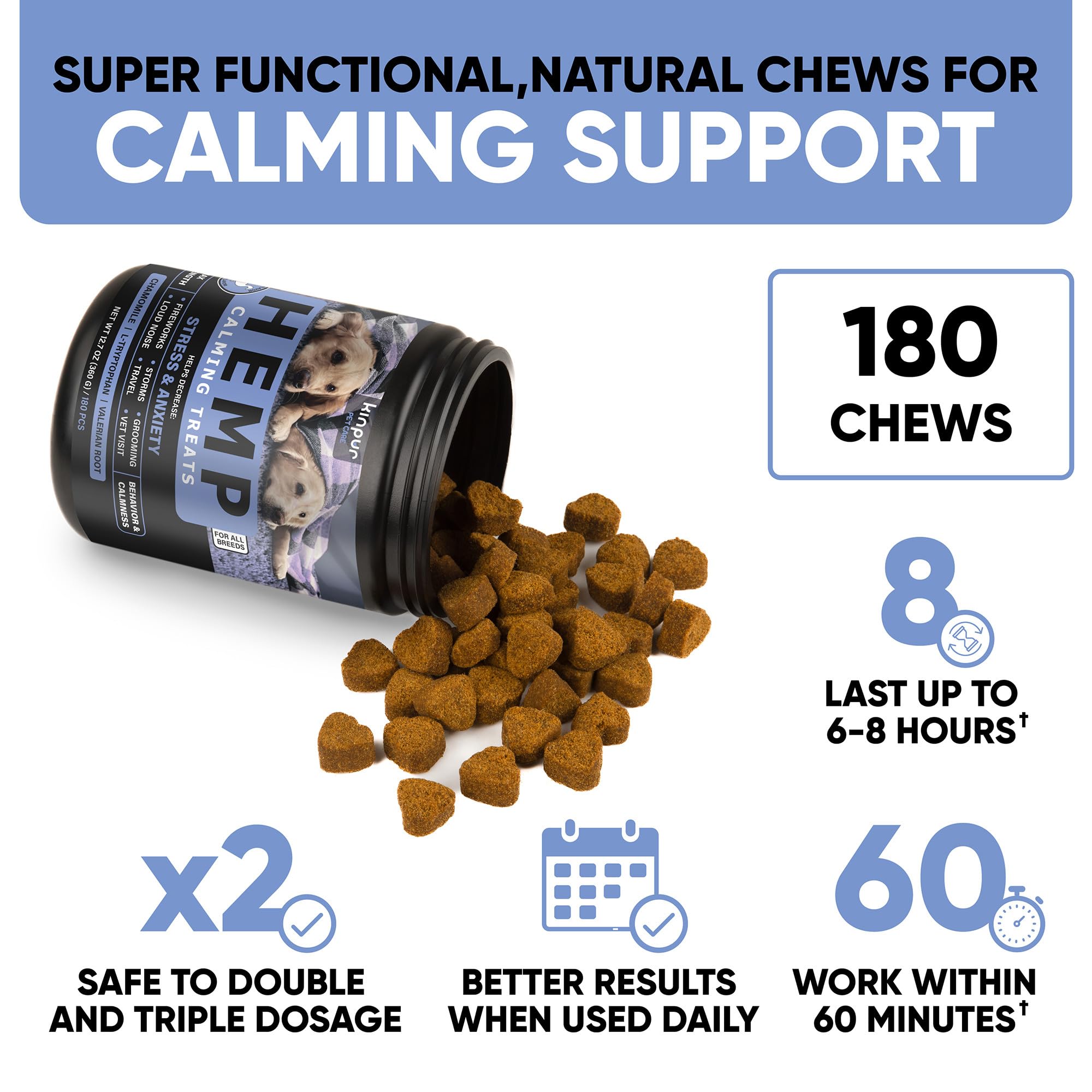 Kinpur Calming Chews 180-count bottle emphasized for ongoing calm support.