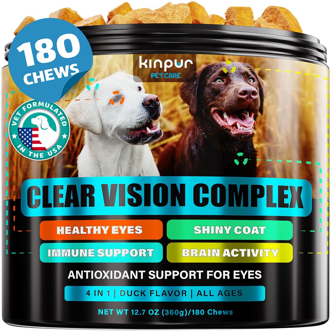 Kinpur Eye Vitamins bottle closeup for dogs supports vision and comfort.