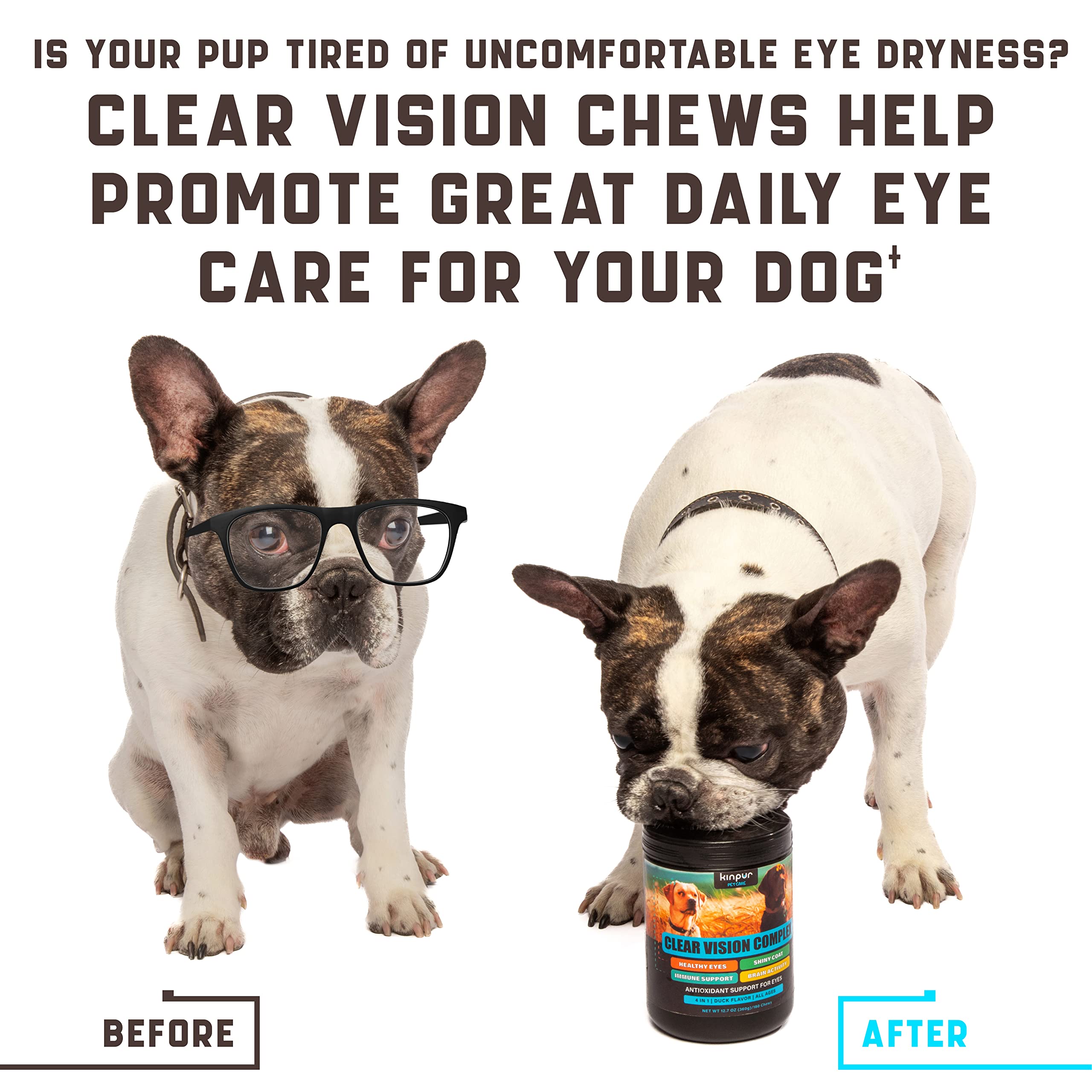 Kinpur Eye Vitamins packaging shot conveys science-backed, veterinarian-formulated care.