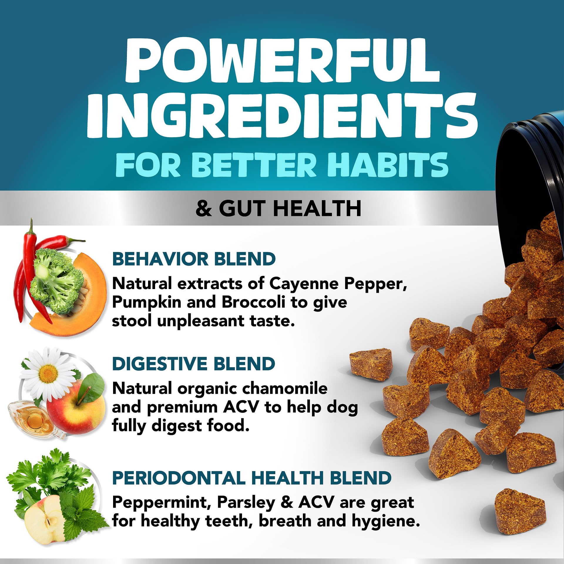 Kinpur No Poo Chews ingredients list highlights pumpkin, chamomile, parsley for digestion support.