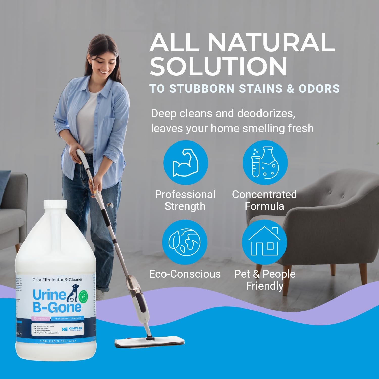 KINZUA ENVIRONMENTAL Urine B-Gone applied to carpets and upholstery for stain removal and odor control.