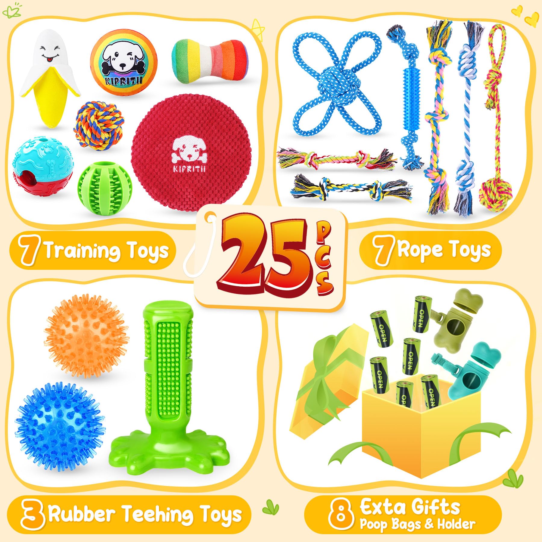 KIPRITII 25 Pack: cuerda interactiva para perros pequeños, perfecto para juegos de tira y afloja