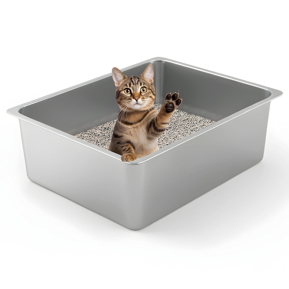 Kirecoo caja de arena para gato, vista frontal, acero inoxidable.