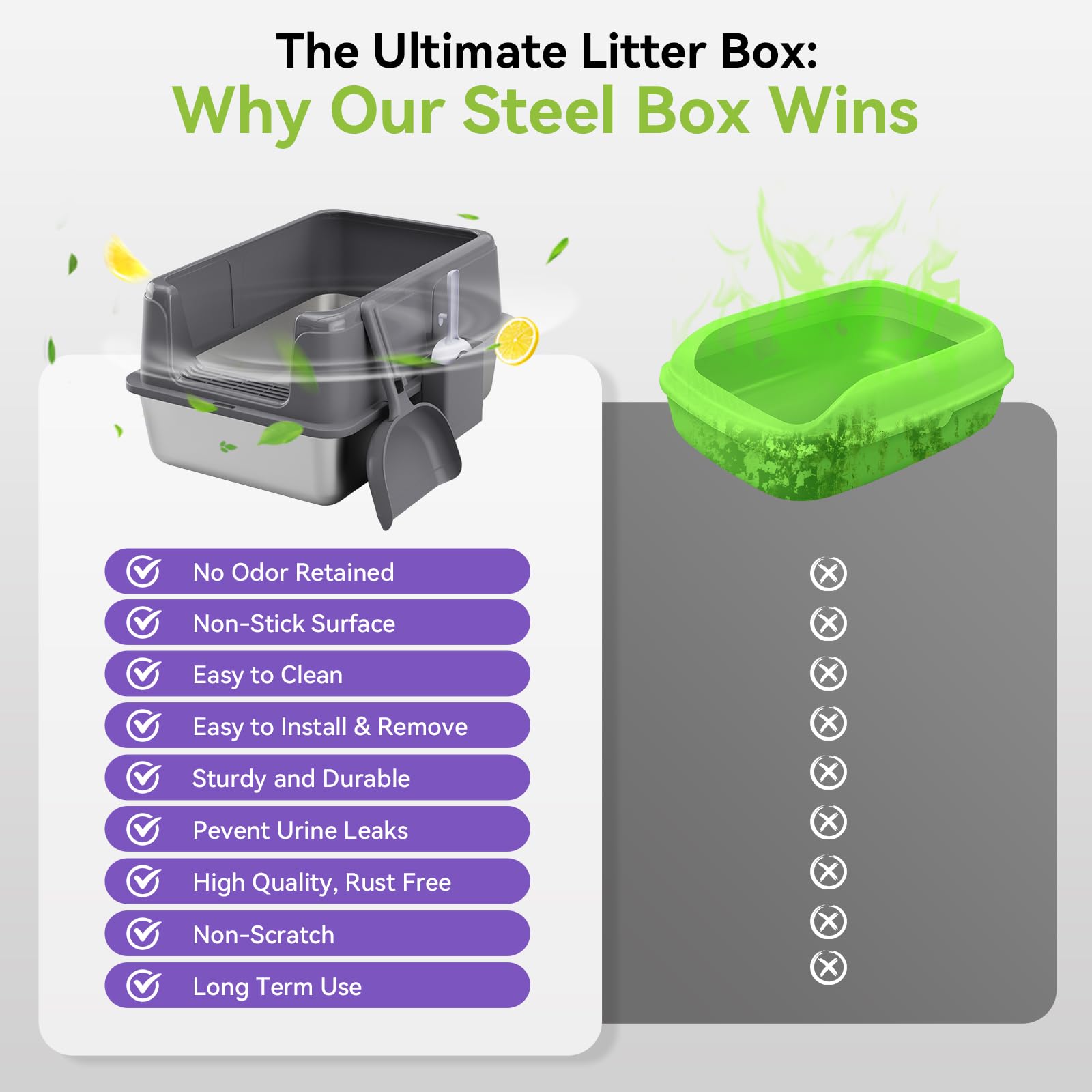 KISENG XL stainless steel litter box front angle, tall sides reduce litter scatter