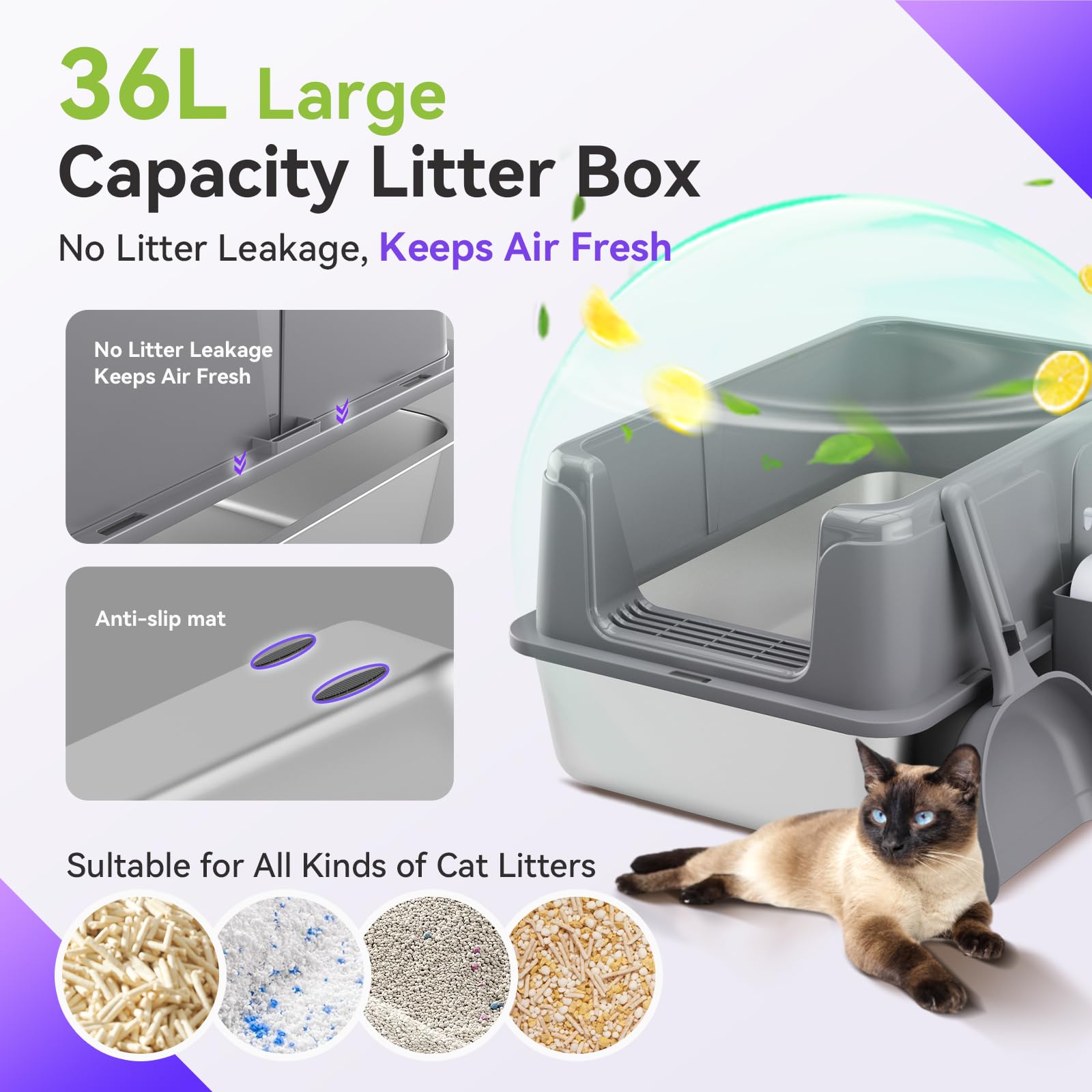KISENG XL stainless steel litter box with scoop included for easy cleanup