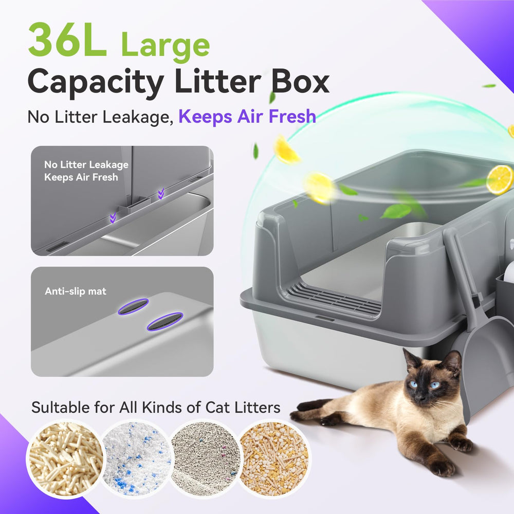 KISENG XL stainless steel litter box with scoop included for easy cleanup