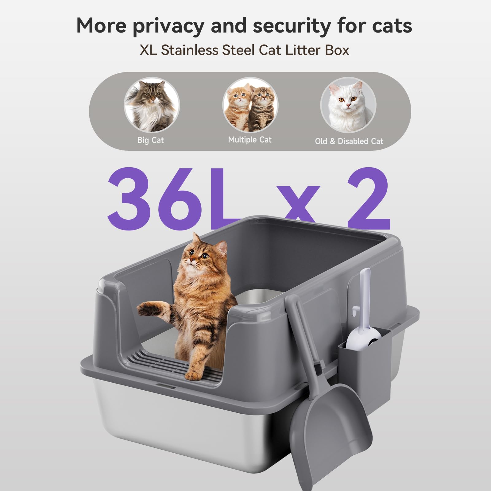 KISENG XL stainless steel litter box side view, gray finish fits modern spaces