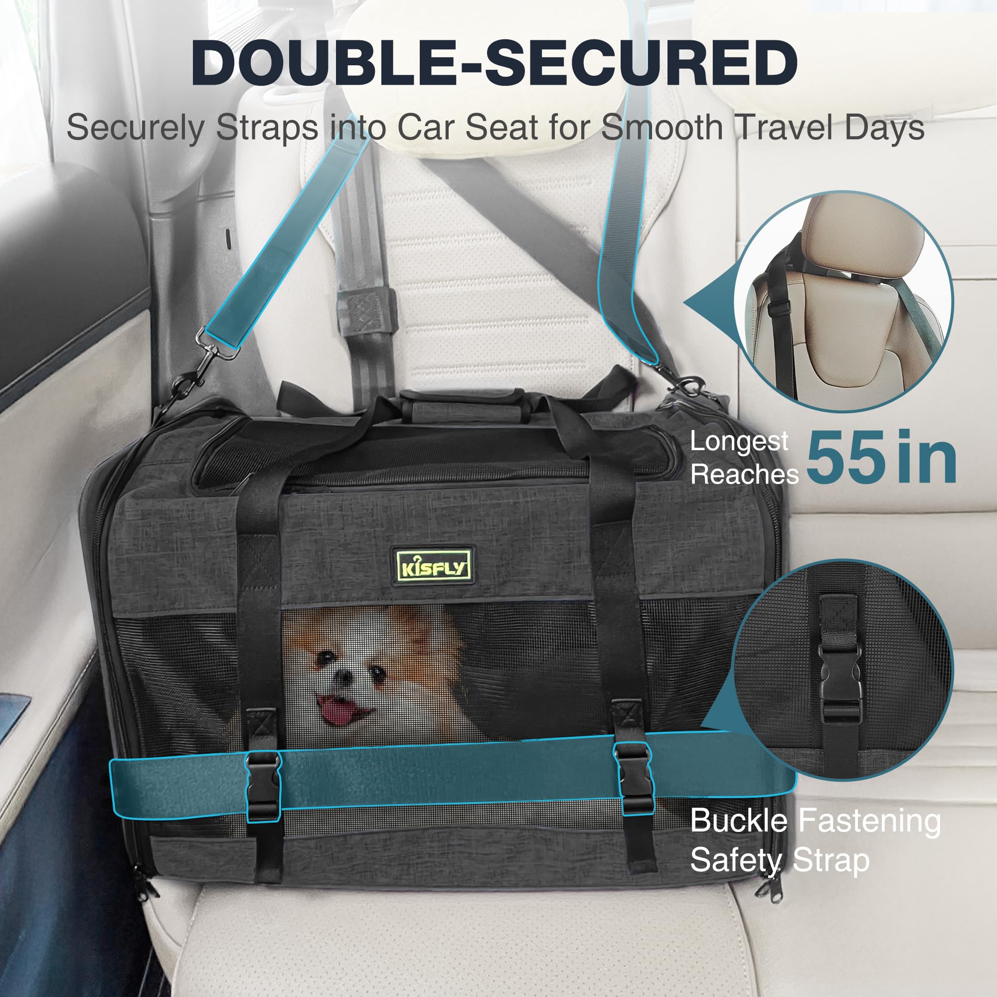 KISFLY pet-travel-bag mounted in car with seat-belt compatibility for secure road trips.