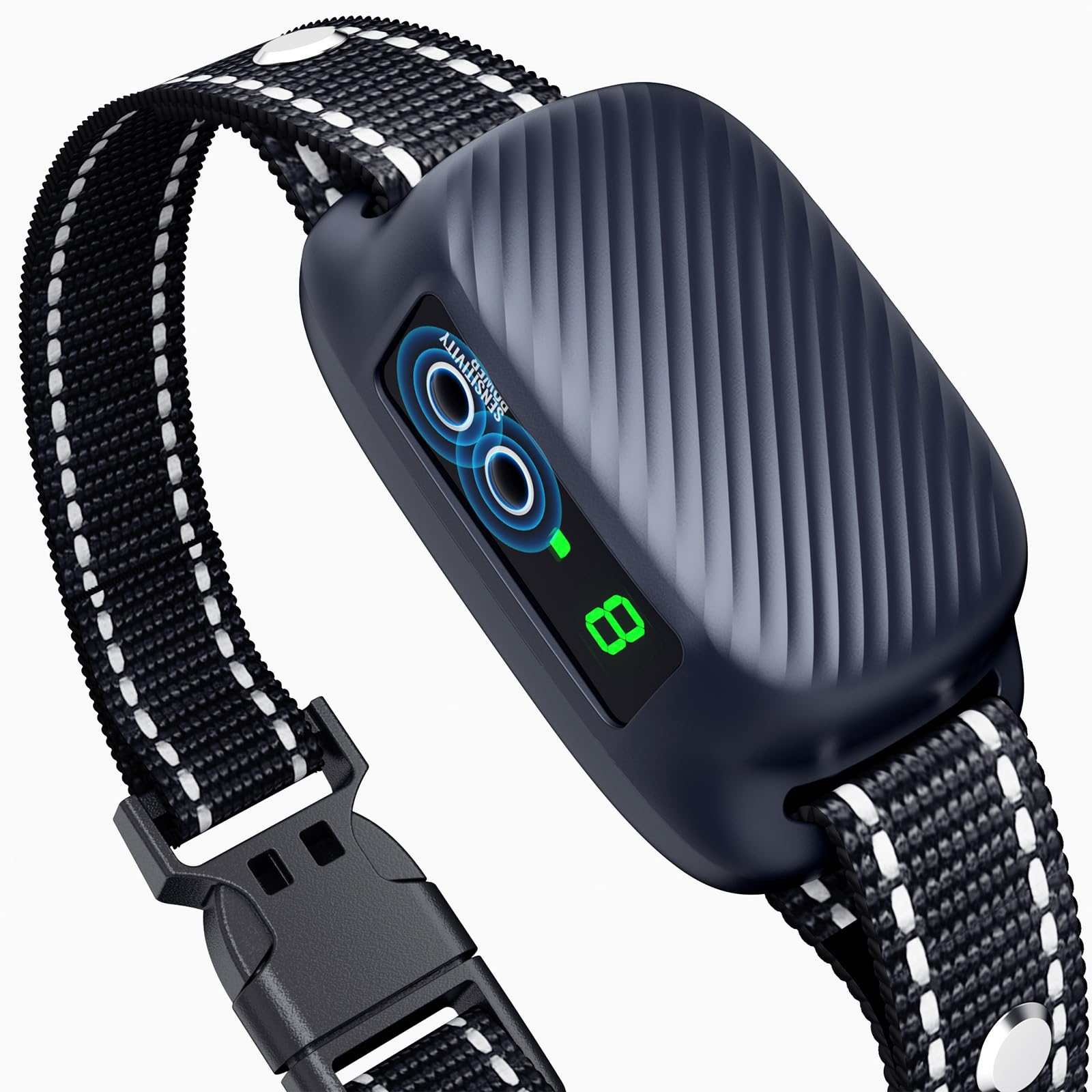 KISMIGER bark collar front view highlights compact design for comfortable everyday wear.