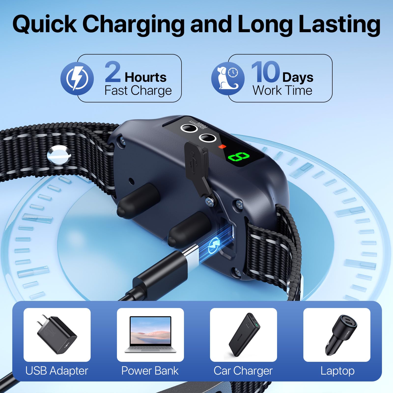KISMIGER bark collar training modes graphic highlights beep, vibration, and zap.