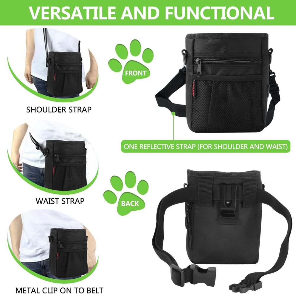 Kissleaf dog treat pouch includes a loud-clicker for training cues.