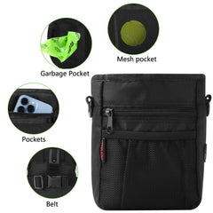 Kissleaf dog treat pouch demonstrates wear options for hands-free training.
