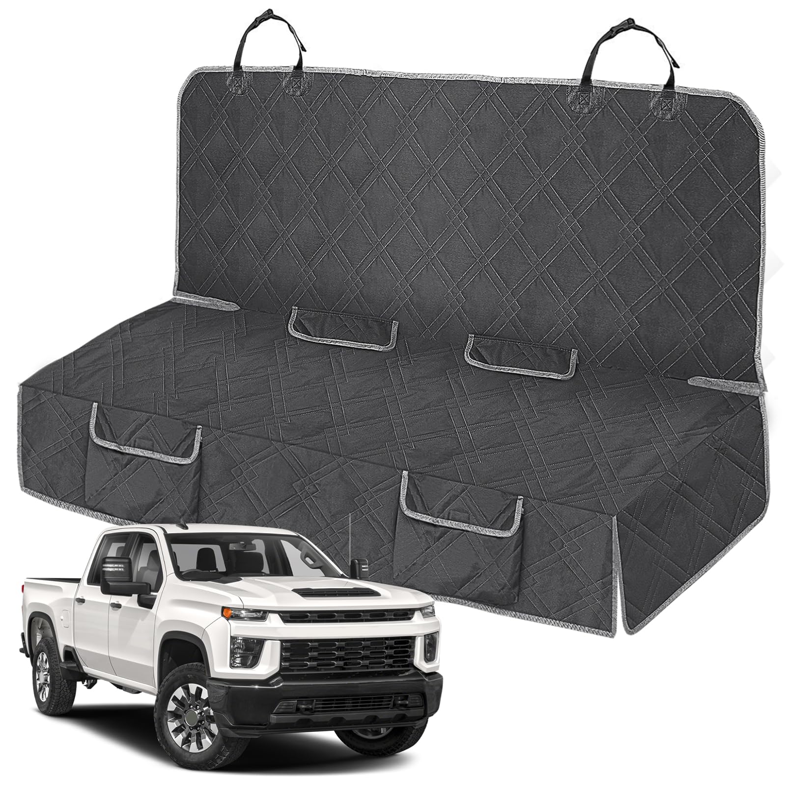 Kistrba dog car seat cover on a full-size truck protects seats from hair and dirt.