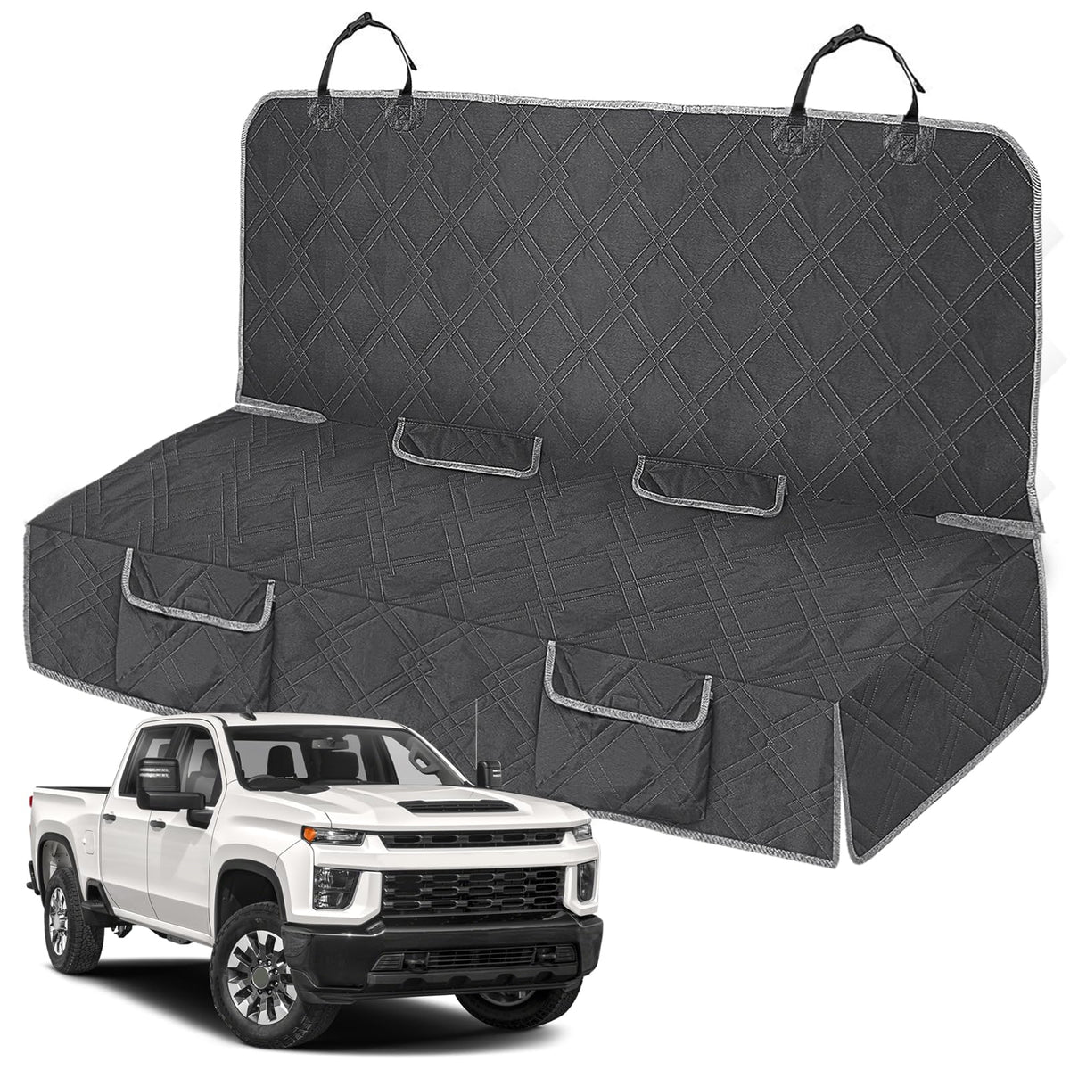 Kistrba dog car seat cover on a full-size truck protects seats from hair and dirt.