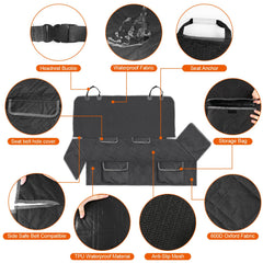 Kistrba dog seat cover shows anti-slip backing and securing straps for a stable fit.
