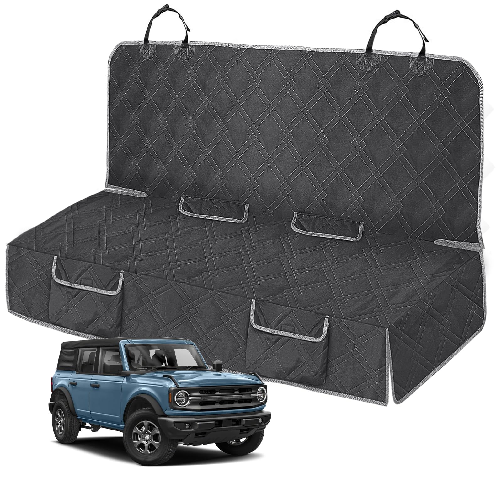 Kistrba dog seat cover on Bronco back seat safeguards against fur and dirt.
