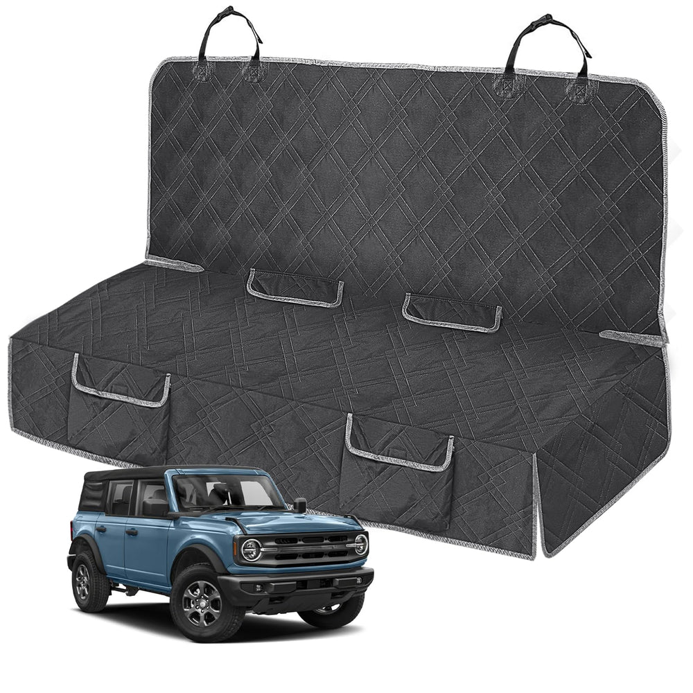 Kistrba dog seat cover on Bronco back seat safeguards against fur and dirt.