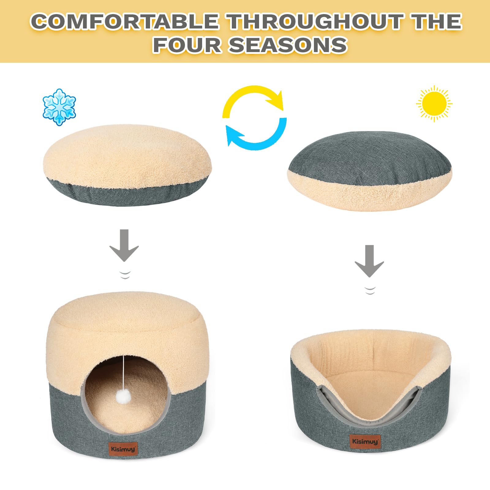 KISIMUY Cat Cave Bed 3D fabric detail highlights reinforced stitching and durable construction