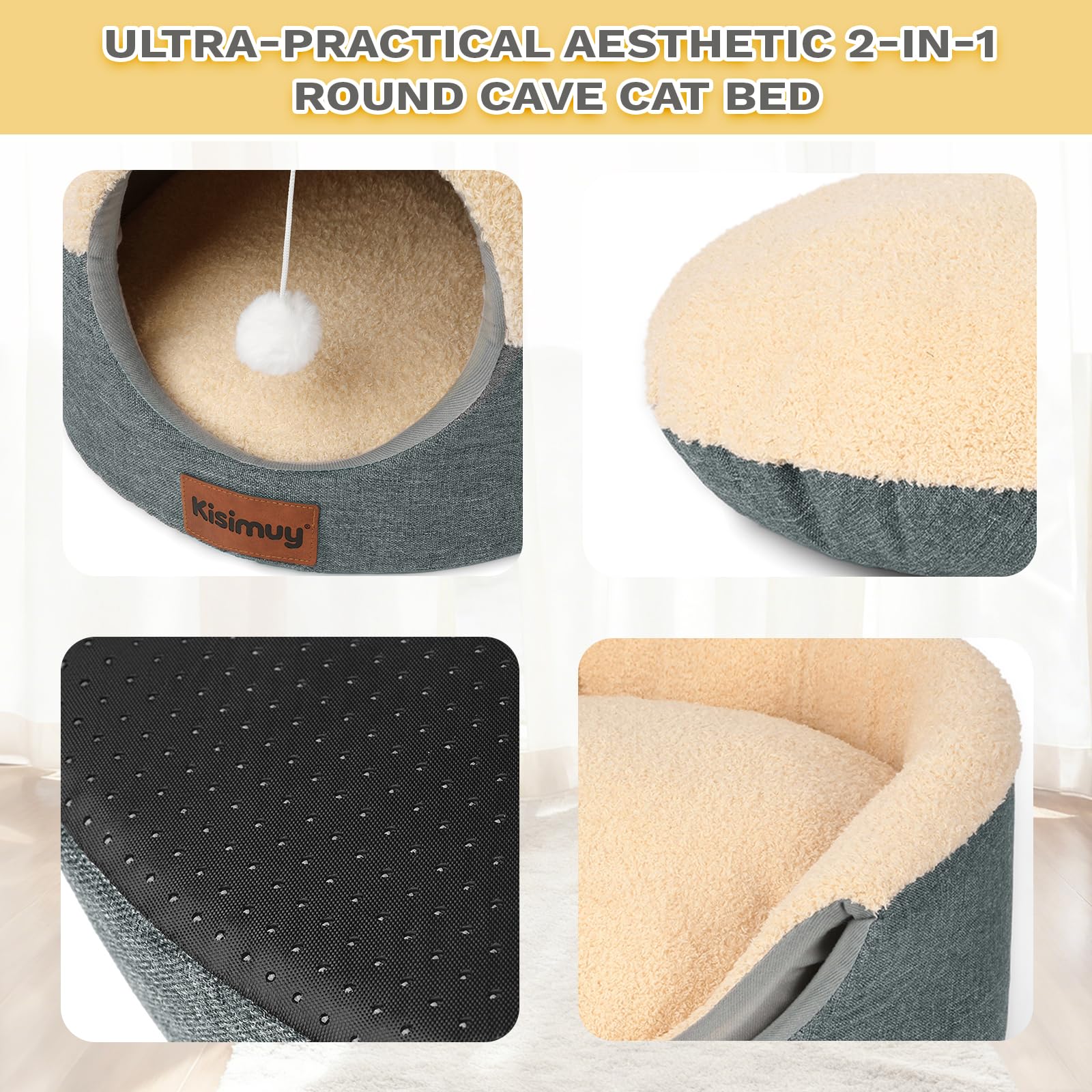 KISIMUY Cat Cave Bed fabric closeup shows plush fleece and warm lining for comfort