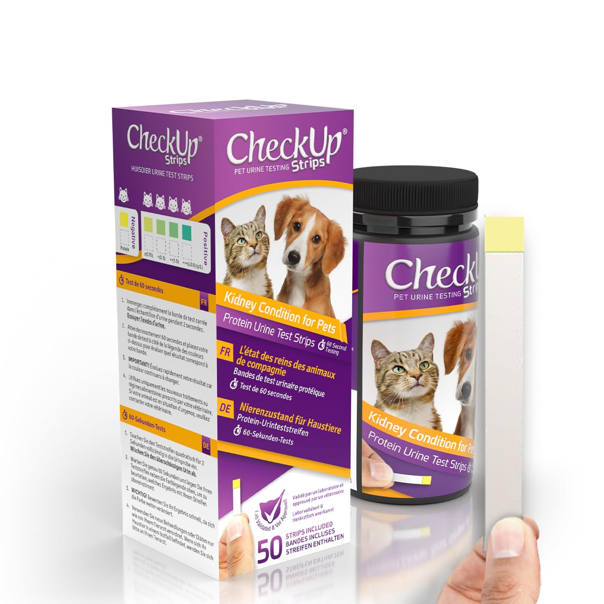 KIT4CAT CheckUp strips bottle label visible for at-home protein urine testing