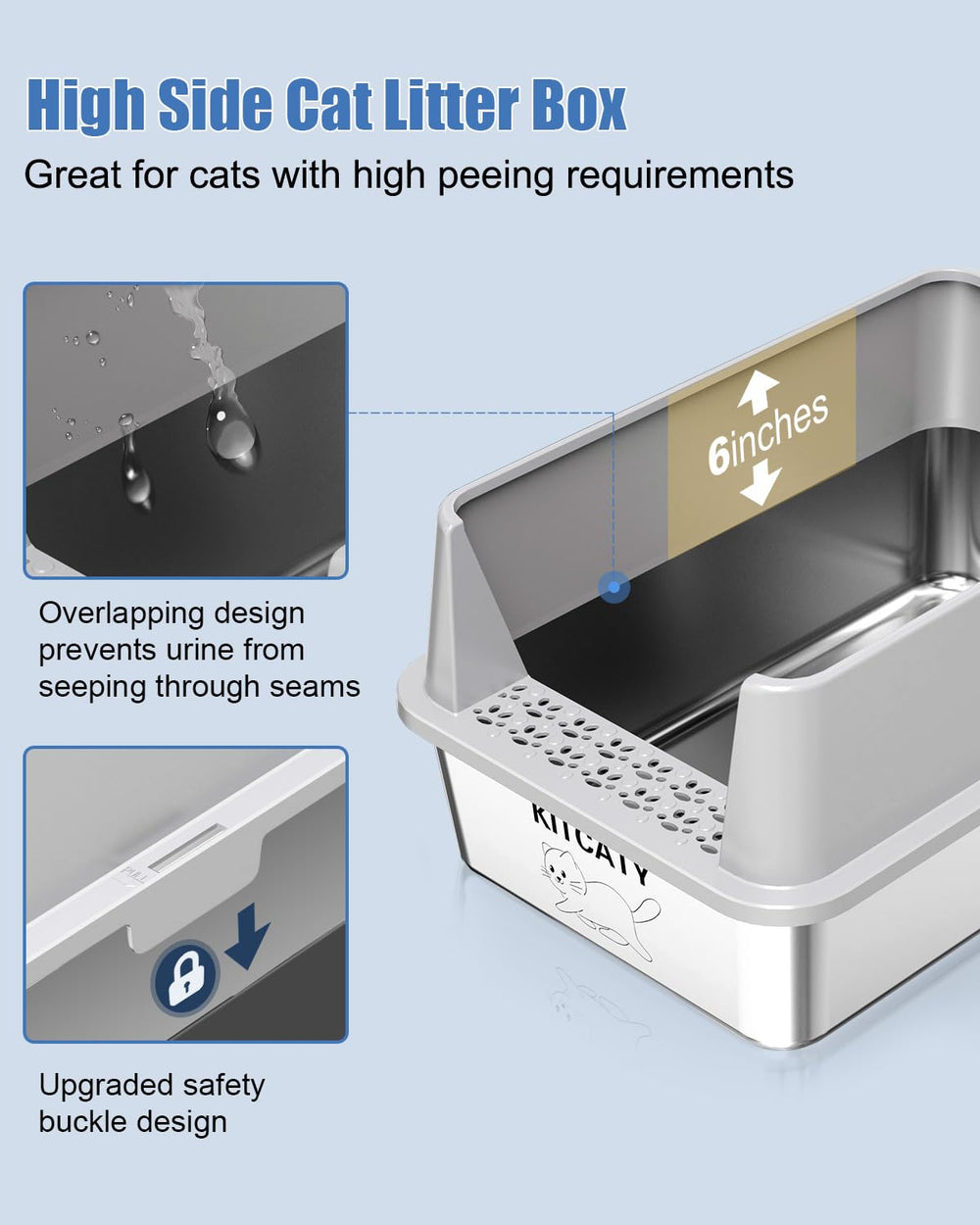 KITCATY 2PACK XL stainless litter box side view highlighting high walls for odor-free containment