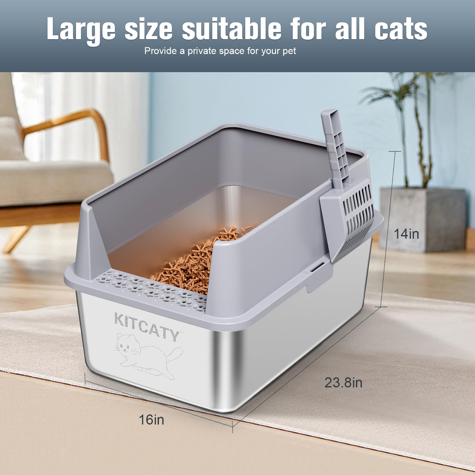 KITCATY litter box features a non-slip bottom mat to protect floors.