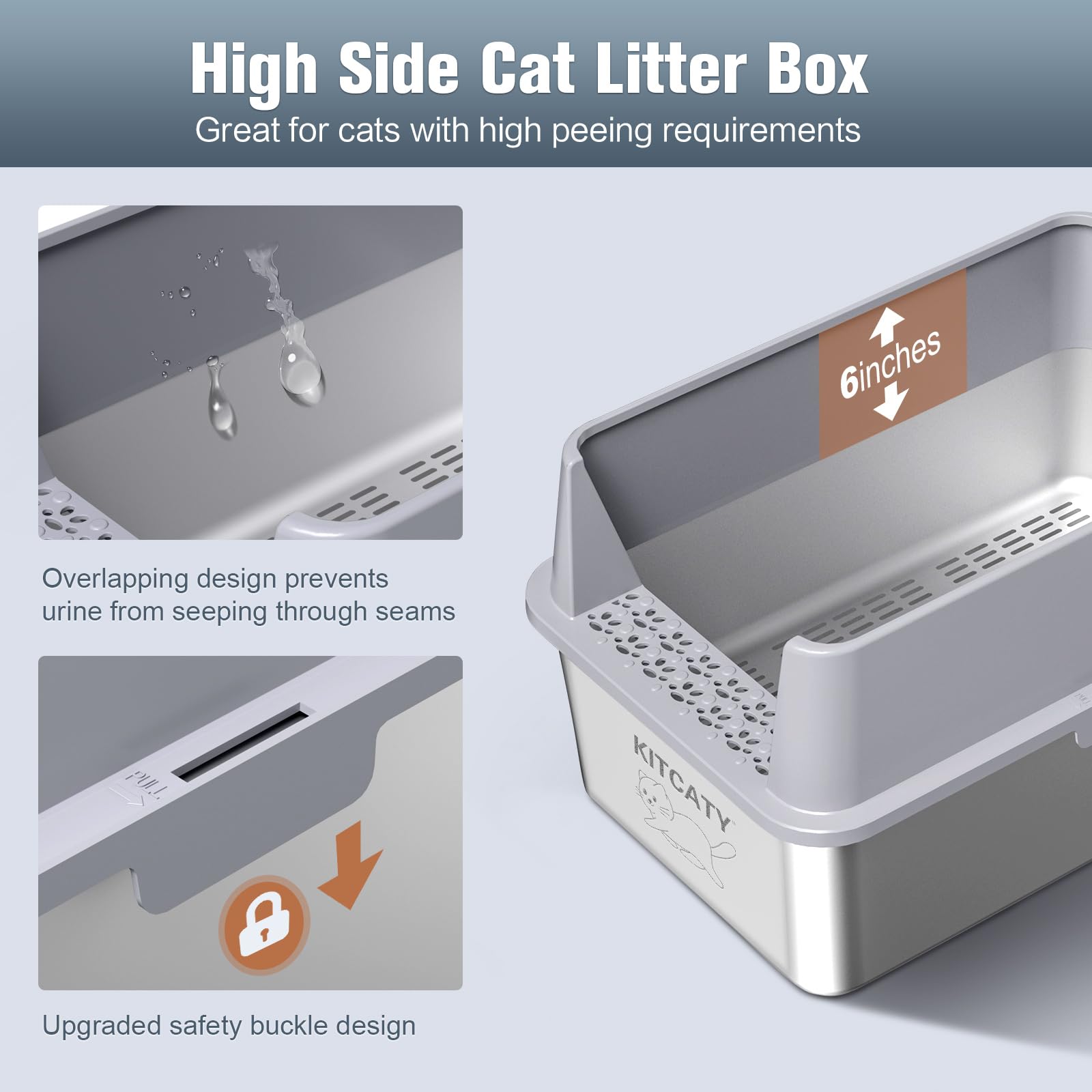 KITCATY stainless steel litter box with overlapping buckles prevents leaks and keeps spaces clean.