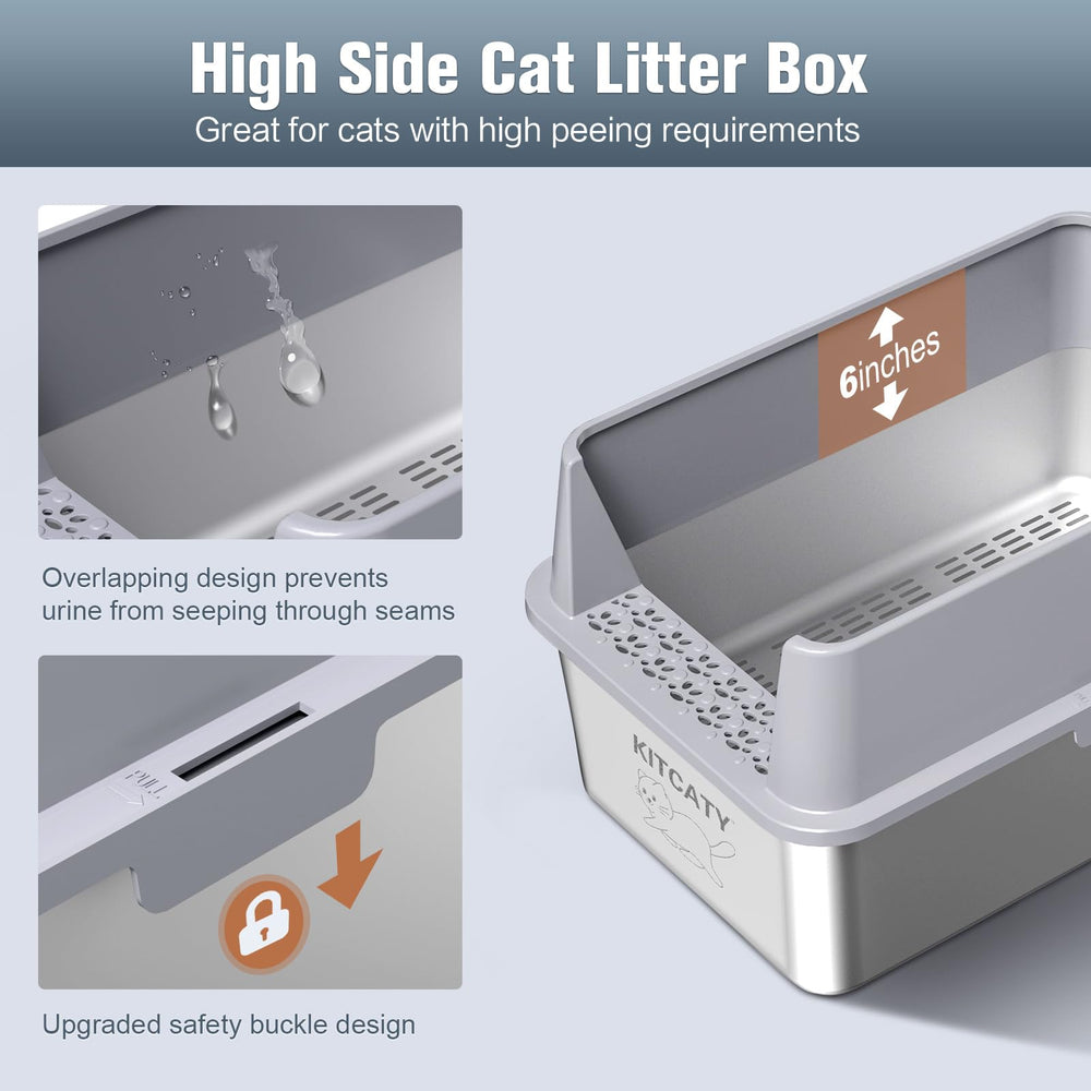 KITCATY stainless steel litter box with overlapping buckles prevents leaks and keeps spaces clean.