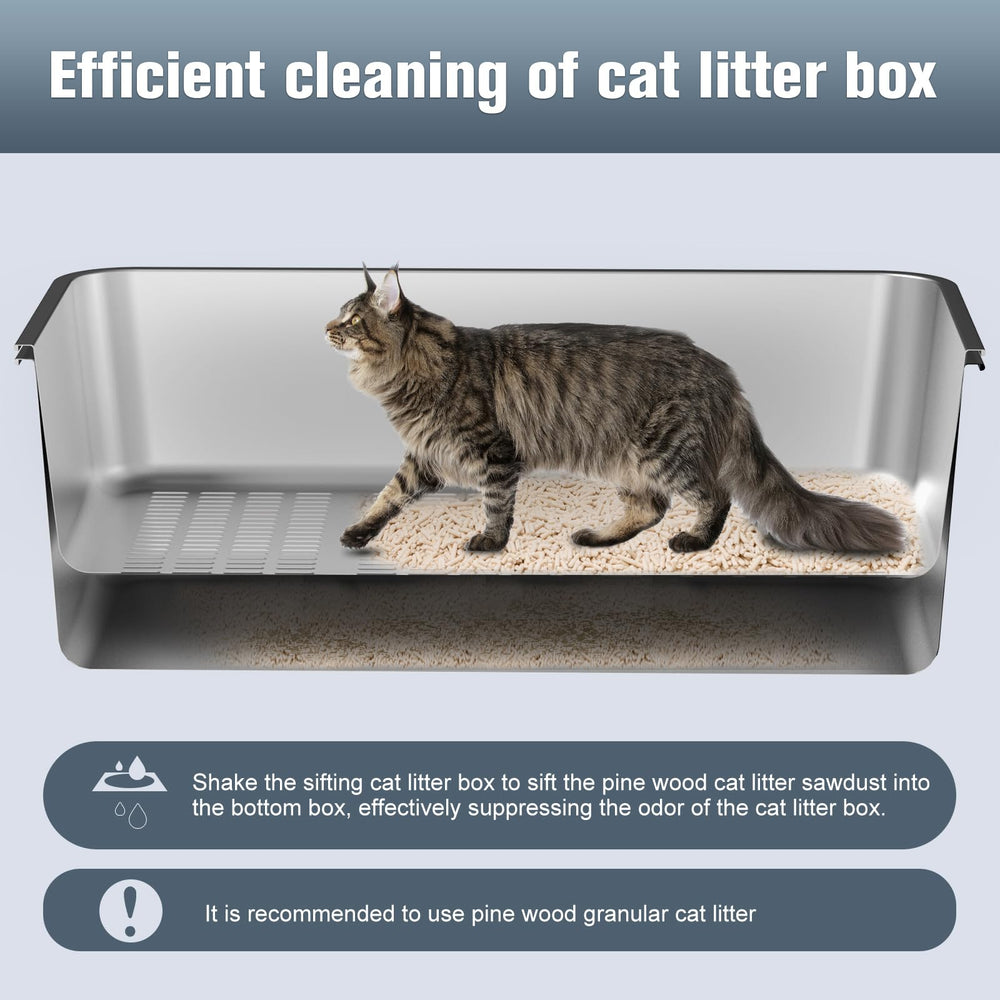KITCATY stainless steel litter box with rounded edges ensures safe handling.