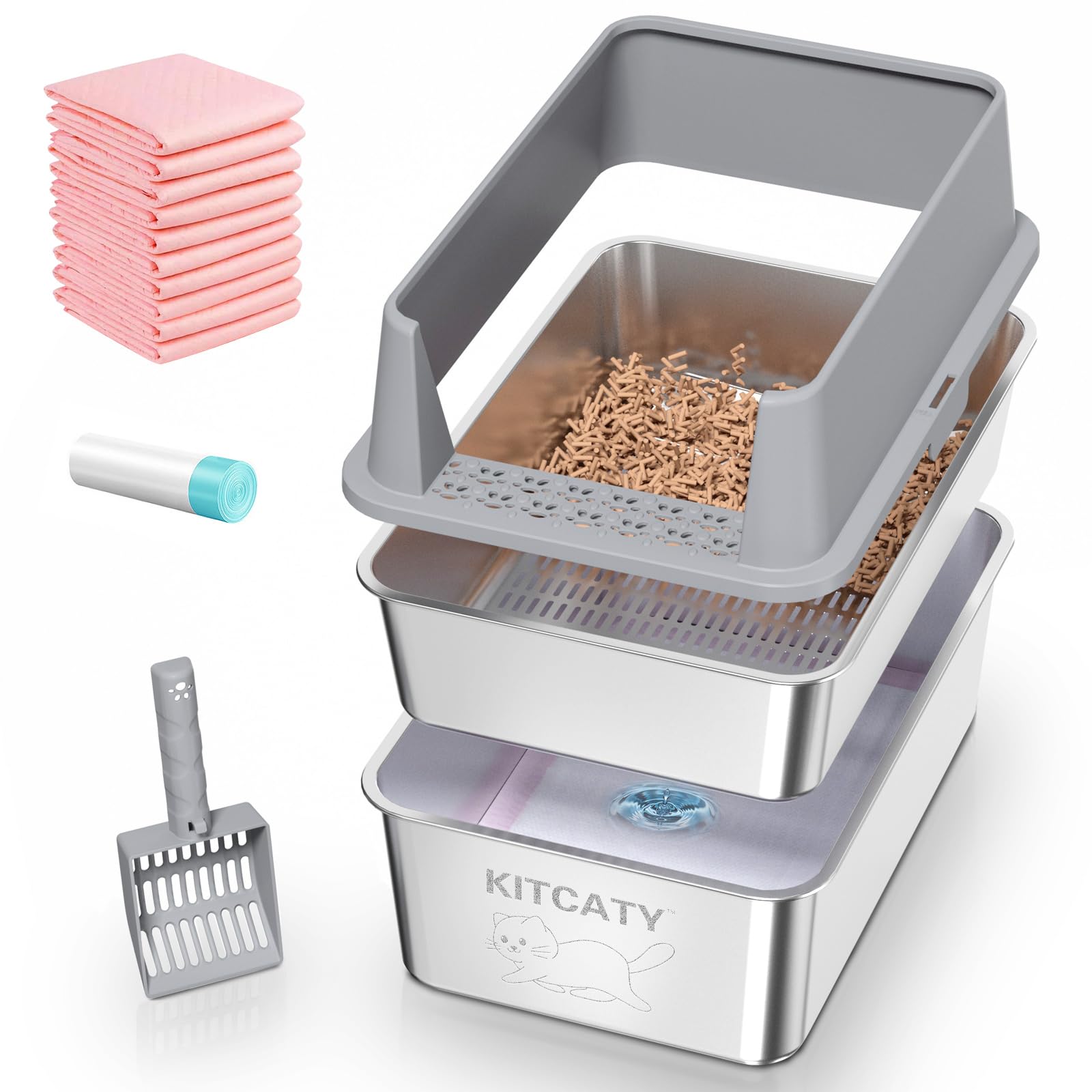 KITCATY stainless steel sifting litter box with lid offers roomy space and odor control.
